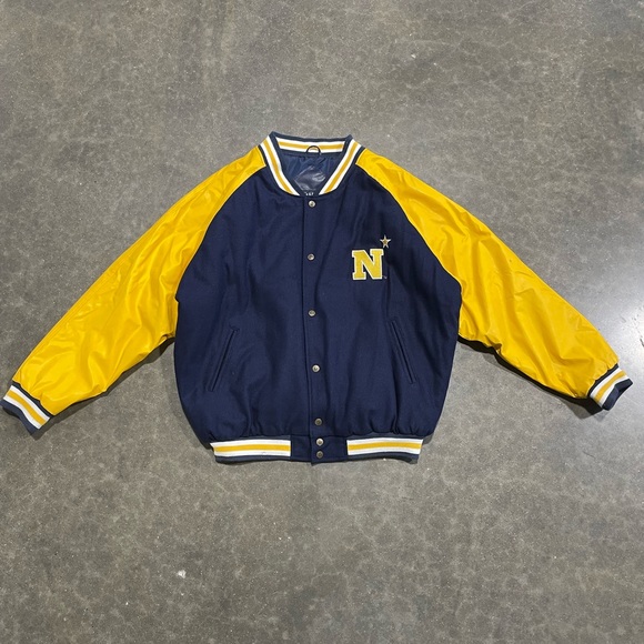 Vintage Steve & Barry’s Bomber Leather Jacket Navy Football College Men’s Sz XL - Picture 1 of 6